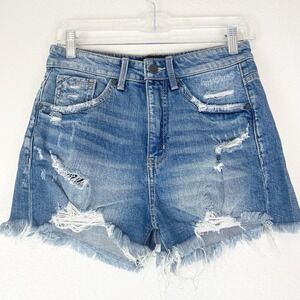 Buckle Black Mom Jean Shorts 25 High Waist Cut-off Distressed Stretch Denim Blue